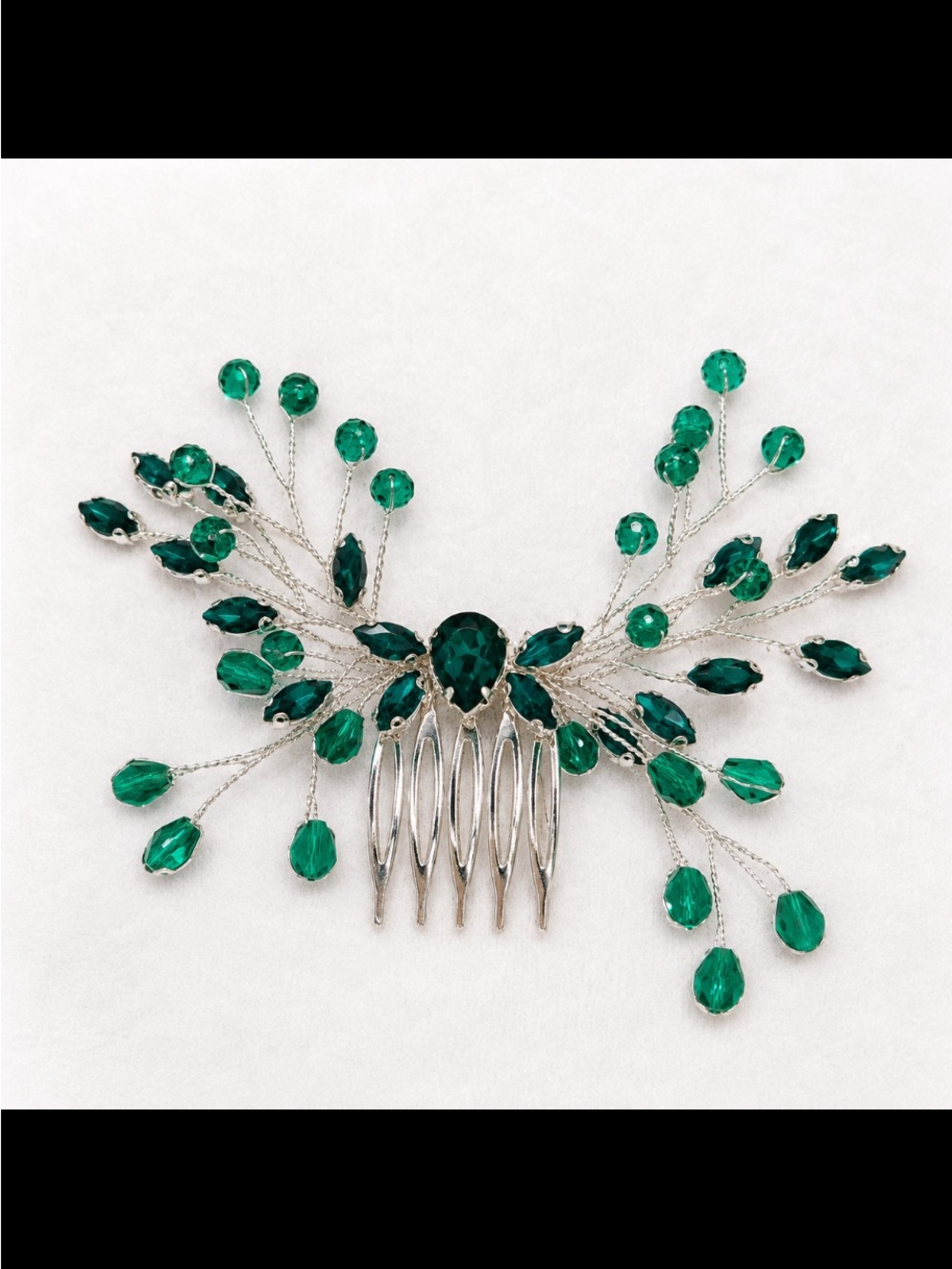 Emerald Green Crystal Statement Hair Comb – Silver-Tone Hair Accessory